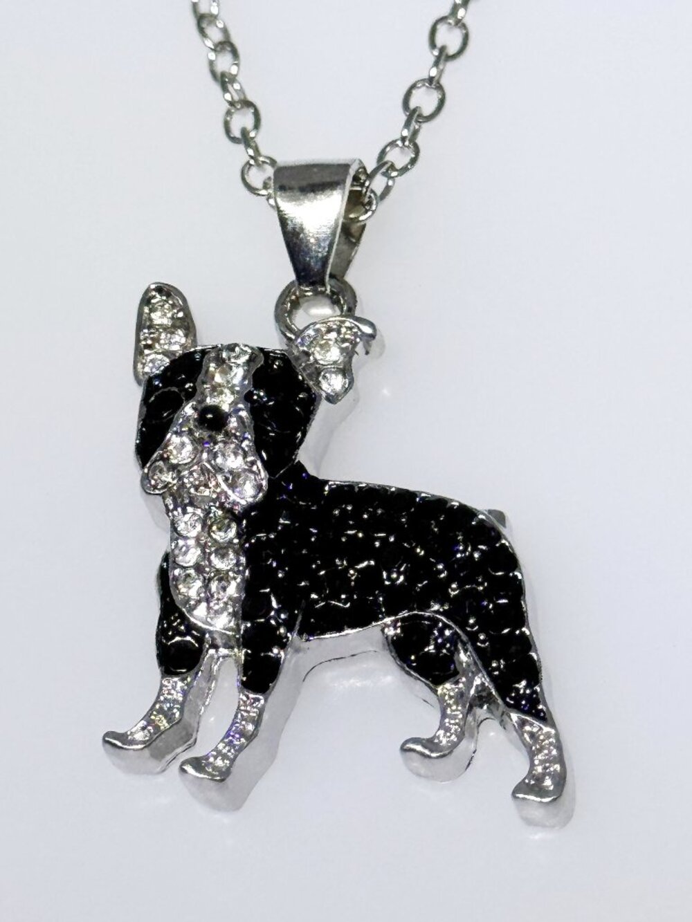 Standing Boston Terrier dog pendant necklace, silver tone, NWOT